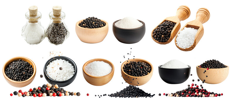 Various types of salt and pepper displayed in wooden bowls, scoops, and glass jars isolated on white background. Concept of seasoning variety
