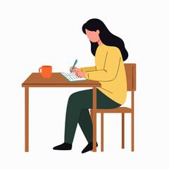 A focused young woman with dark hair sits comfortably at a wooden desk, diligently writing notes in her notebook, perfect for educational or productivity themes.
