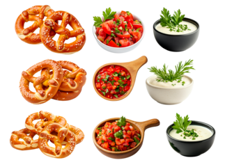 Freshly baked pretzels topped with salt, salsa and ranch sauce in bowl isolated on white transparent background. Concept of baked goods and snacks