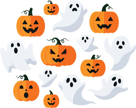 Halloween illustration with carved pumpkins and cartoon ghosts on white