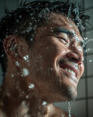 Invigorating shower moment; man smiles, drenched in water, eyes closed tight.