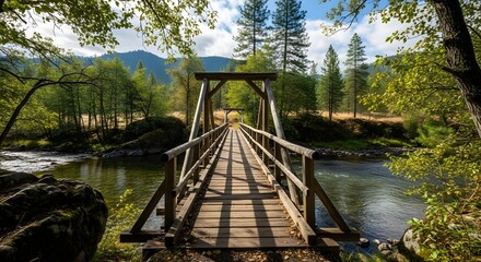 A serene wooden footbridge spans a tranquil river surrounded by lush greenery and trees under a clear blue sky