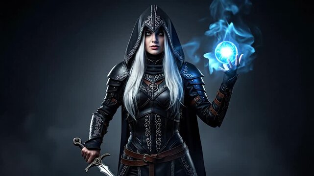 Mysterious sorceress wielding magical energy and a dagger.