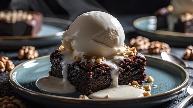 Hot rich chocolate fudge brownie topped with melting vanilla ice cream and walnuts.
