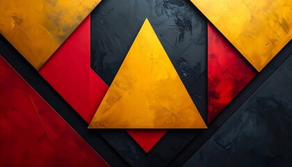 Geometric abstract with yellow triangle and layered red, dark blue shapes on textured background.