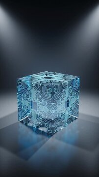 A futuristic blue cube with circuit board patterns illuminated by spotlights on a reflective surface in a dark room with sleek technology.