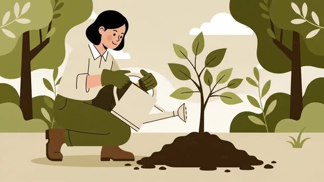 Woman Planting And Watering Sapling In The Garden, Environmental Preservation, Vector Illustration