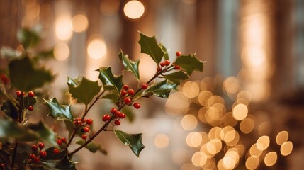 A close-up of holly leaves and red berries against a softly blurred, warm bokeh background, evoking a festive and cozy atmosphere.