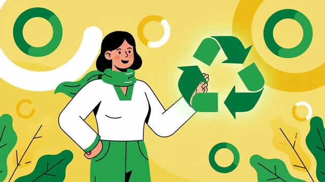 Woman Presenting Recycle Symbol On Yellow Background With Green Elements and Circle Design