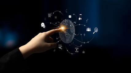 Visualization of global digital communication and online across multiple platforms, including global network, digital network, communication network, and online network. Latch