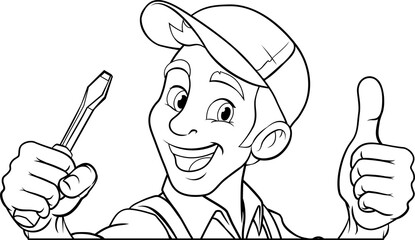 An electrician handyman or other construction cartoon mascot man holding a screwdriver tool.