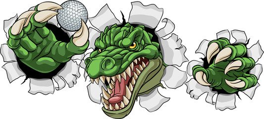 A crocodile, dinosaur or alligator lizard sports mascot holding a golf ball