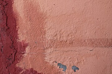 Weathered red and terracotta painted wall with rough plaster texture, visible cracks, peeling paint spots and uneven repainting layers, abstract urban surface.