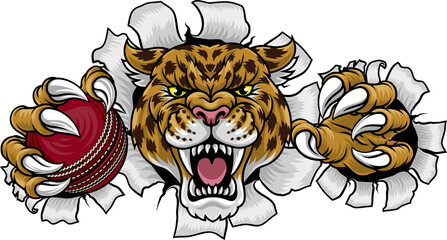 A jaguar, panther, leopard or cheetah wildcat spotted cat cricket sports team mascot holding a ball © Christos Georghiou