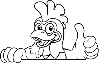 A chicken cartoon rooster cockerel bird mascot peeking over a sign with copyspace © Christos Georghiou