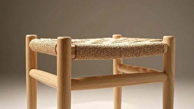 Contemporary Japandi inspired wooden stool with artisanal woven seat, embodying a serene blend of Nordic functionality and Japanese craftsmanship for minimalist living
