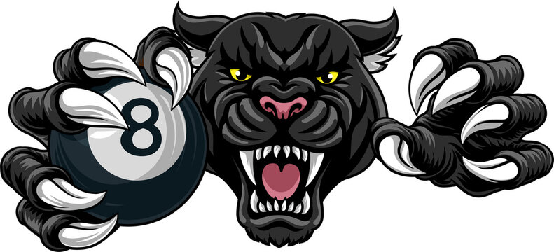 Black panther leopard or jaguar cat pool billiards sports team mascot holding a black 8 billard ball