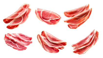 Set of Slices of cured meat Prosciutto arranged in layers, isolated on white transparent background, concept of gourmet food and delicacy