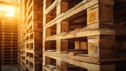 Wooden pallets stacked in a warehouse bathed in warm sunlight, showcasing storage organization and industrial background in a commercial setting