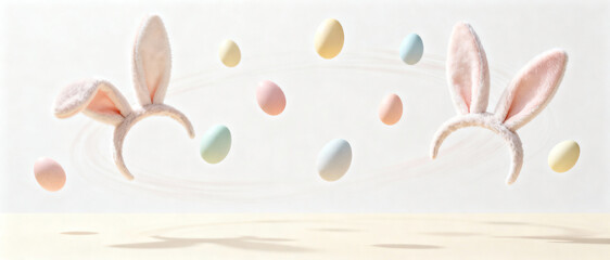 Levitating pastel Easter eggs and fluffy bunny ear headbands. Whimsical spring holiday celebration concept on a clean background. Easter banner with copy space