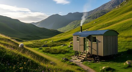 A cozy alpine mountain hut in a green summer valley surrounded by nature