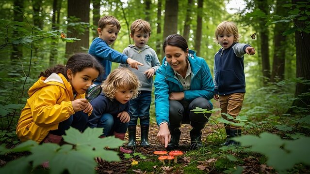 Teacher guides children learning about mushrooms in forest