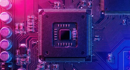Close-Up View of Colorful Circuit Board with Microchip and Connectors