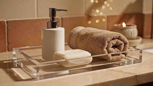 Bathroom Essentials - Soap Dispenser, Bar Soap, and Rolled Towel on a Clear Tray.