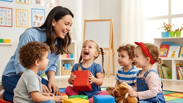 Teacher and Children Enjoying Playtime with Blocks