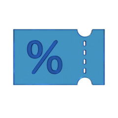 割引チケットのフラットなアイコンの3Dイラスト。透明感のある青いグラスモーフィズムなマーク2。Clean-looking icons suitable for business and UI