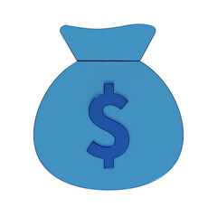 お金が入った袋のフラットなアイコンの3Dイラスト。透明感のある青いグラスモーフィズムなマーク。Clean-looking icons suitable for business and UI