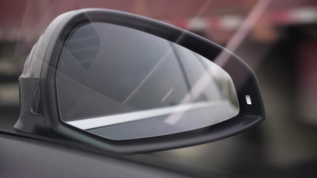 Car mirror at Driving in on road at gloomy day. Slow motion.