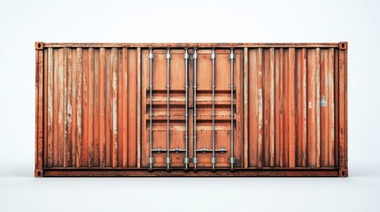 Rusty orange shipping container with metallic locks and weathered texture on a plain background, ideal for transport and logistics concepts