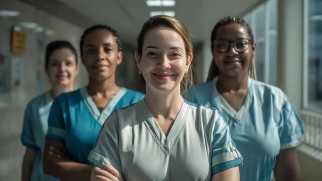 Compassionate Caregivers: A dedicated group of healthcare professionals, radiating competence and warmth, stands united in a brightly lit corridor, embodying the essence of care and support.