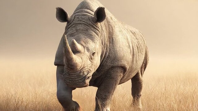 Rhino Stroll: A majestic rhino strides gracefully through a grassy landscape, its powerful presence dominating the scene as it approaches the viewer, showcasing nature's incredible artistry.