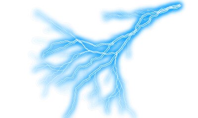 Thunder Blue lightning strike on transparent background as a powerful electricity discharge for design element or overlay with bright sparks