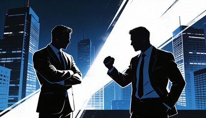 Two business professionals in suits engage in a heated discussion against a city skyline backdrop, showcasing contrasting perspectives in a corporate environment