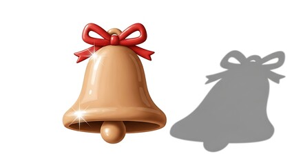 Festive Christmas Bell with Red Bow and Shadow on White Background.