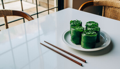 Green cylindrical desserts on a white plate with chopsticks on a table indoors.