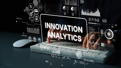 Innovative Data Analytics Visualization with Hands on Keyboard in a Modern Workspace. Asymptotic smart data analytic.