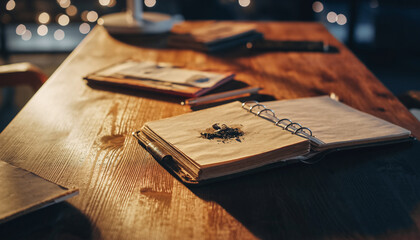 A close-up shot of an open book with a dried flower pressed between its pages, resting on a wooden table.