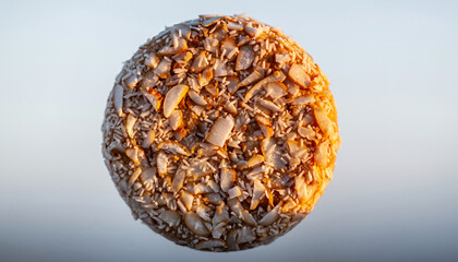 Close-up of a round dessert covered in toasted coconut flakes, illuminated by warm sunlight against a soft background.