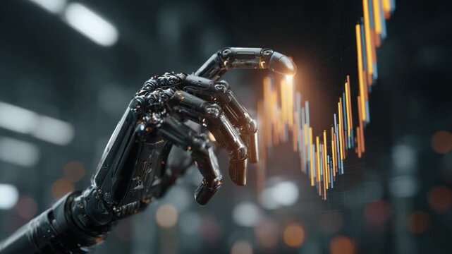 Robot's Guiding Hand in Finance: A metallic robot hand, symbolizing technological innovation, traces a glowing financial chart.
