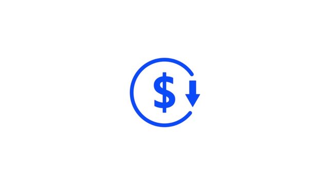Abstract decrease icon on white background. Royal blue dollar rate down looped icon. Reduce costs sign and symbol.