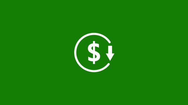 Abstract decrease icon on green background. Dollar rate down looped icon. Reduce costs sign and symbol.