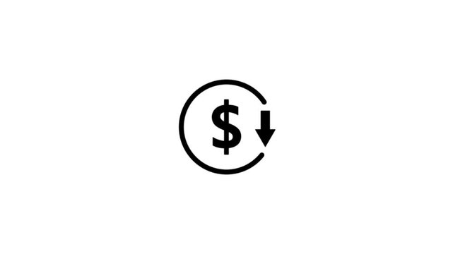 Abstract decrease icon on white background. Dollar rate down looped icon. Reduce costs sign and symbol.