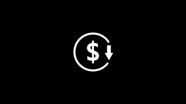 Abstract decrease icon on black background. Dollar rate down looped icon. Reduce costs sign and symbol.