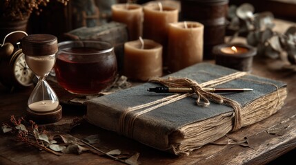 Vintage Study Desk with Hourglass, Book, and Candles