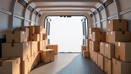 Delivery van interior filled with stacked cardboard boxes, showcasing organized storage space, illuminated by natural light, ideal for logistics and transportation themes