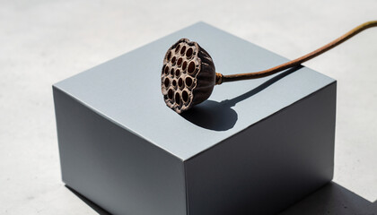 A dried lotus seed pod rests on a gray cube, casting a shadow on a white surface.